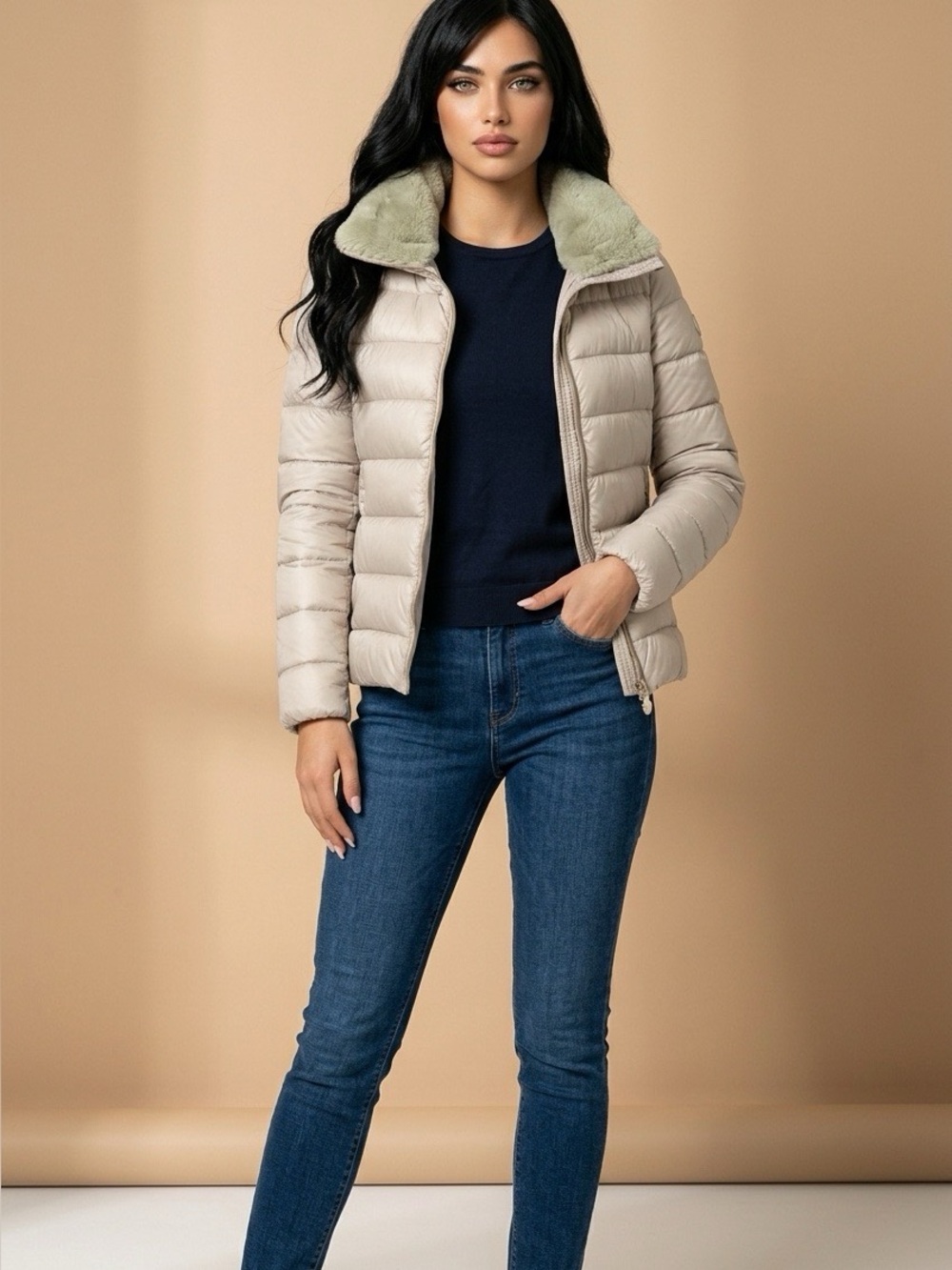 SAVE THE DUCK Light Beige Quilted Puffer Jacket with Faux Fur Collar